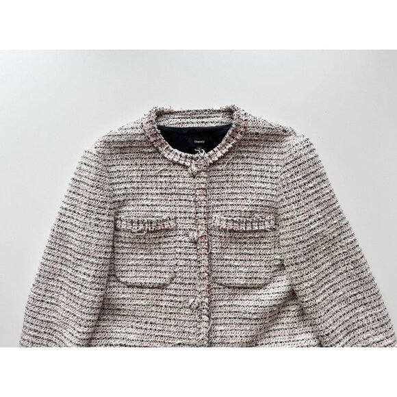 THEORY Preston Tweed Coral Multi Fringed Boxy Cropped Jacket, Size 6 - Picture 7 of 16